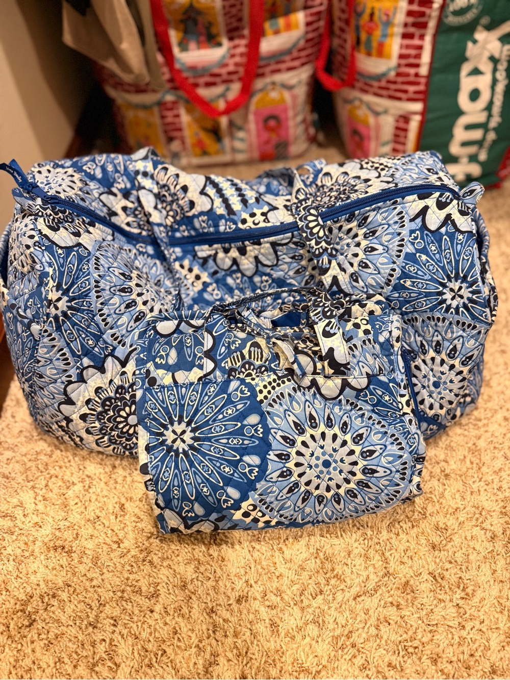 Vera Bradley Blue Medallion Quilted Duffle with Pouch Bundle